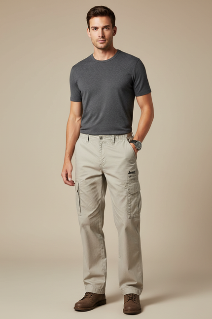 Pantalon Cargo Beige Coton Multipoches Ample Décontracté