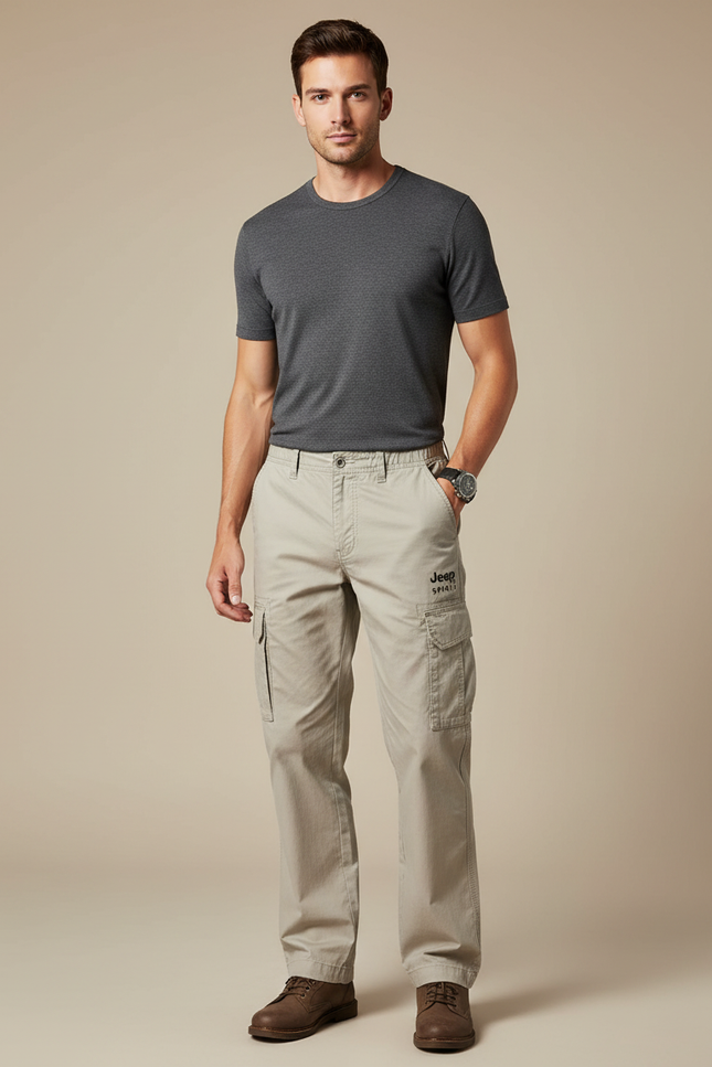 Pantalon Cargo Beige Coton Multipoches Ample Décontracté
