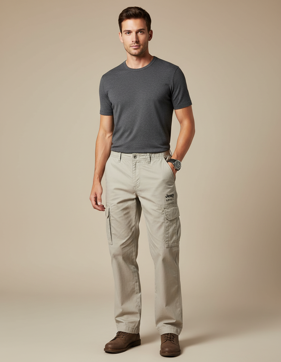 Pantalon Cargo Beige Coton Multipoches Ample Décontracté