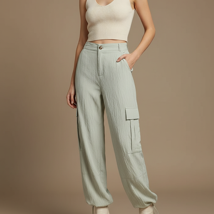 Pantalon Cargo Vert Ample Cordon Fluide Femme - Viscose