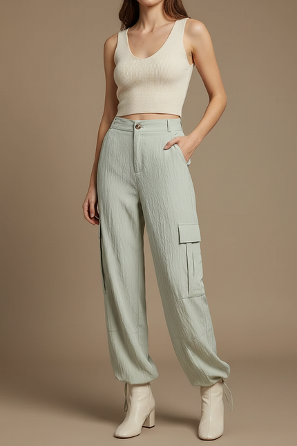 Pantalon Cargo Vert Ample Cordon Fluide Femme - Viscose