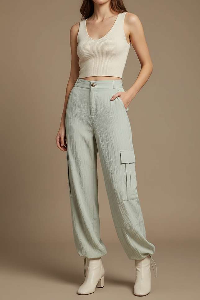 Pantalon Cargo Vert Ample Cordon Fluide Femme - Viscose