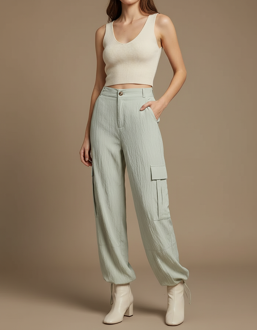 Pantalon Cargo Vert Ample Cordon Fluide Femme - Viscose