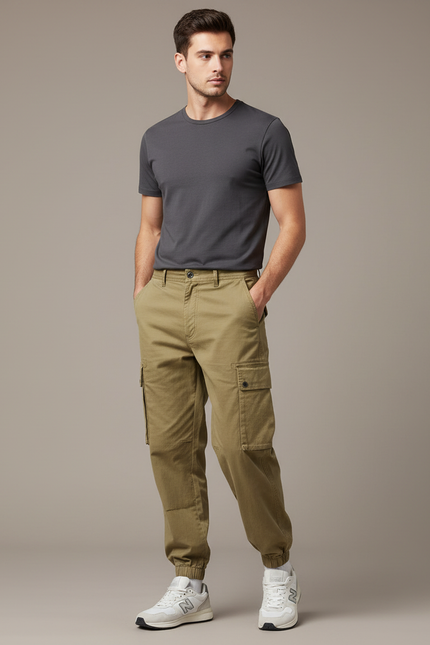 Pantalon Cargo Kaki Coton Multipoches Décontracté - Toile