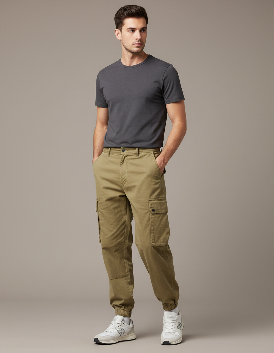 Pantalon Cargo Kaki Coton Multipoches Décontracté - Toile