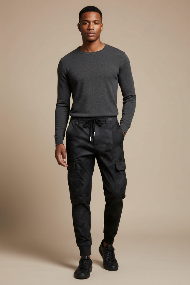 Pantalon Cargo Noir Camouflage Ample Streetwear Homme - Polyester