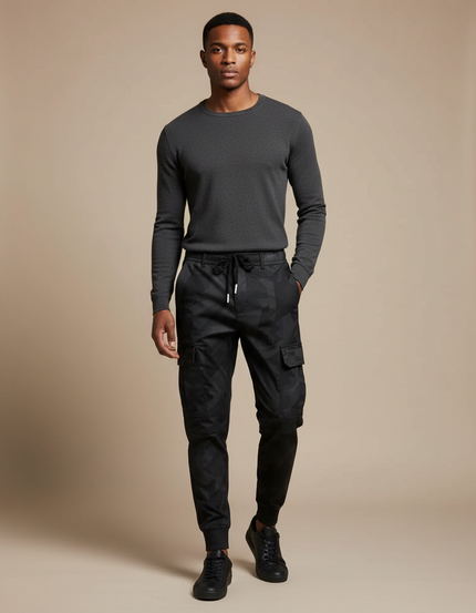 Pantalon Cargo Noir Camouflage Ample Streetwear Homme - Polyester