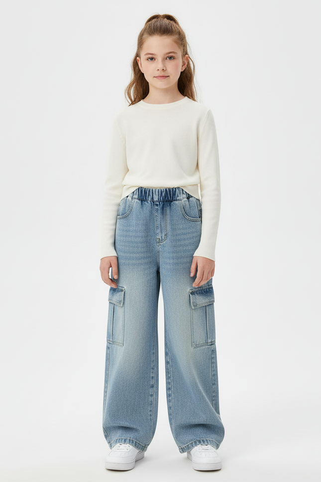 Pantalon Cargo Denim Ample Fille Taille Haute Poches - Bleu Jean