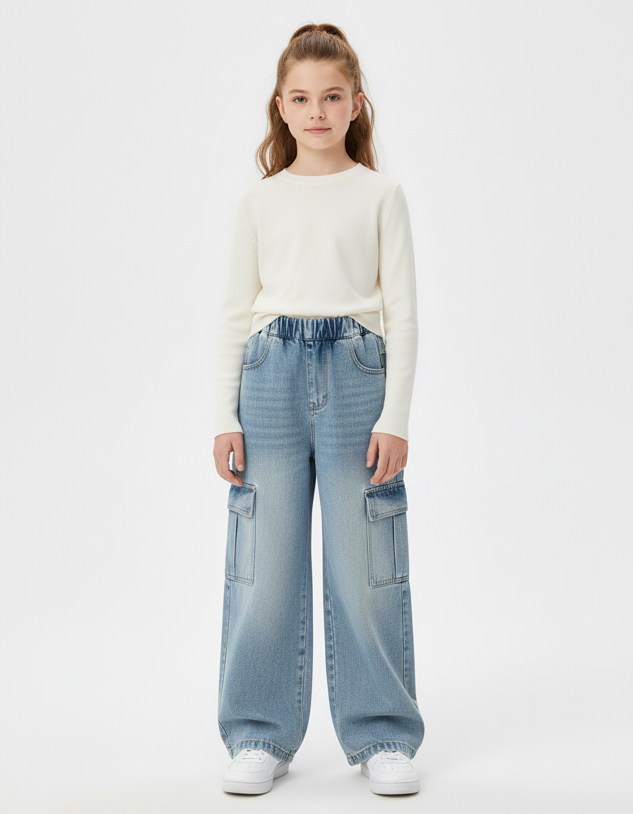Pantalon Cargo Denim Ample Fille Taille Haute Poches - Bleu Jean