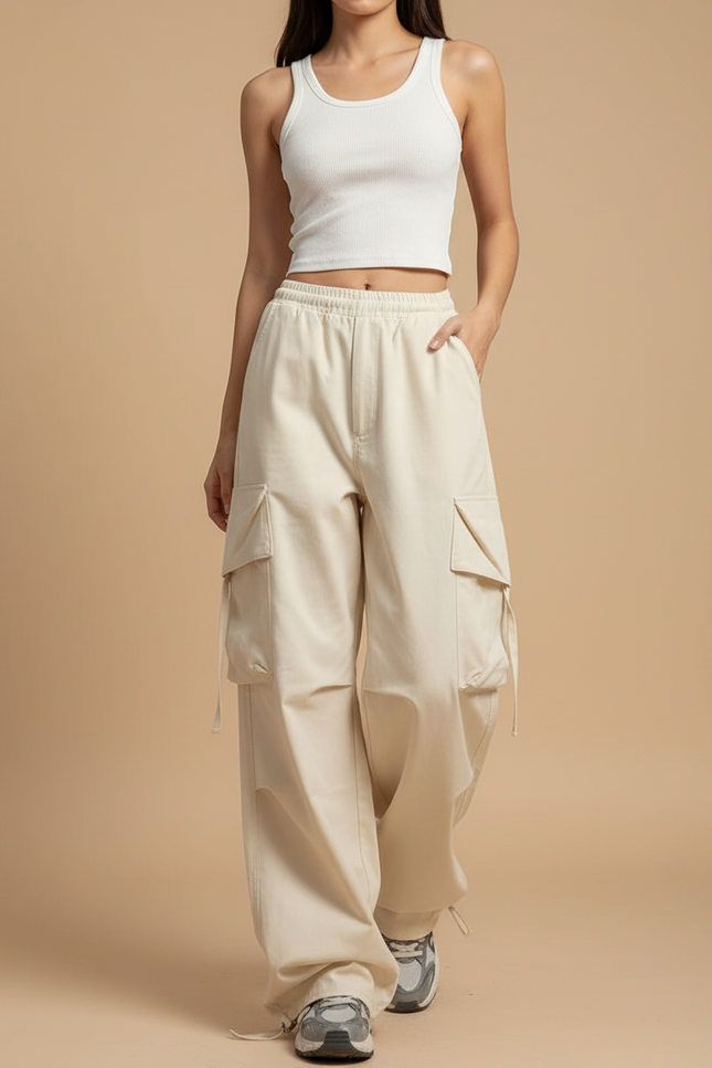 Pantalon Cargo Beige Ample Poches Cordon - Toile