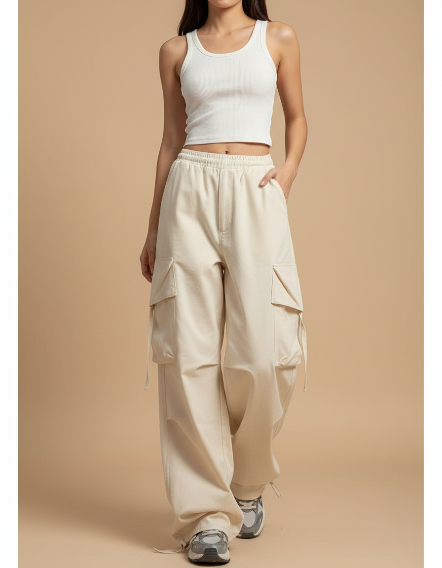 Pantalon Cargo Beige Ample Poches Cordon - Toile