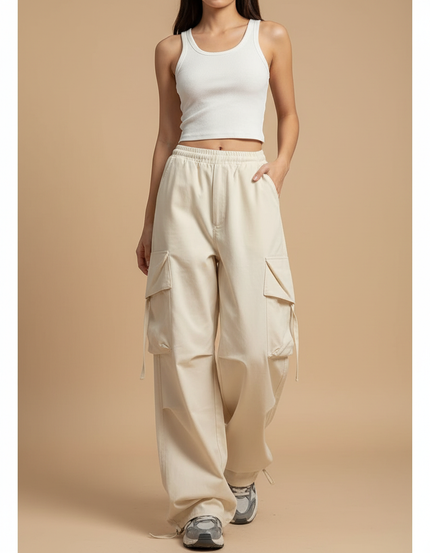 Pantalon Cargo Beige Ample Poches Cordon - Toile