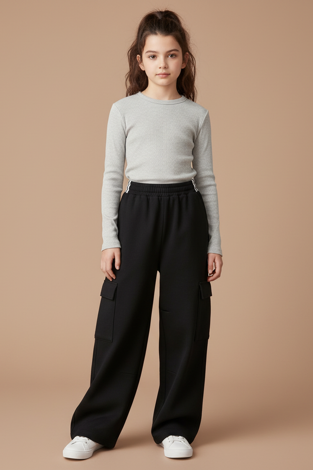 Pantalon Cargo Noir Ample Fille Coton Décontracté - Molleton