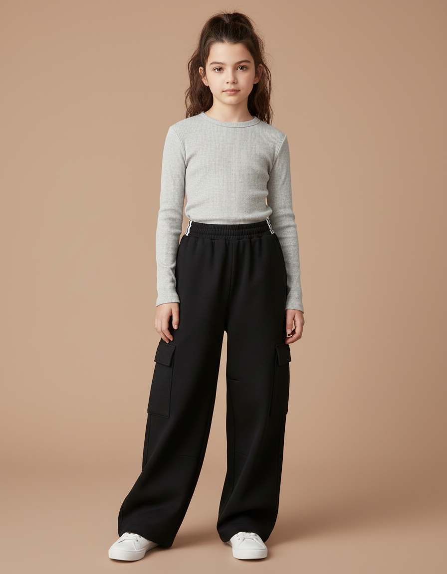 Pantalon Cargo Noir Ample Fille Coton Décontracté - Molleton