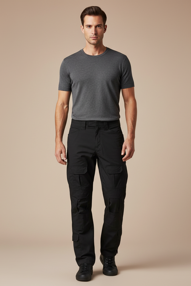 Pantalon Cargo Noir Homme Multipoches Coupe Droite - Toile