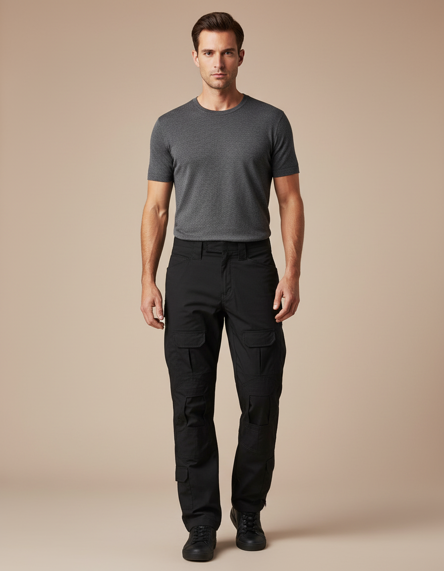 Pantalon Cargo Noir Homme Multipoches Coupe Droite - Toile