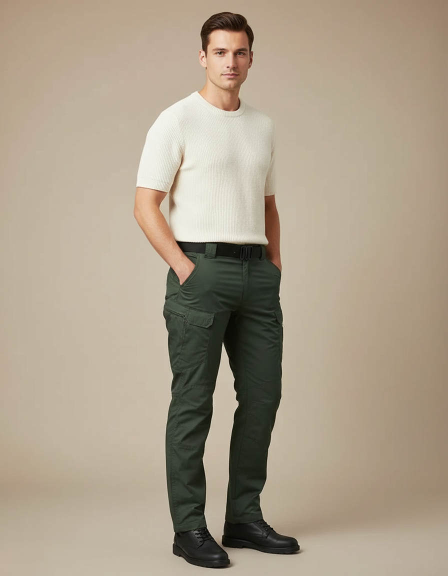 Pantalon Cargo Vert Multipoches Homme Tactique Coton