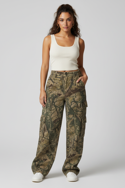 Pantalon Cargo Camouflage Ample Décontracté Multipoches Femme - Imprimé Toile