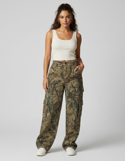 Pantalon Cargo Camouflage Ample Décontracté Multipoches Femme - Imprimé Toile