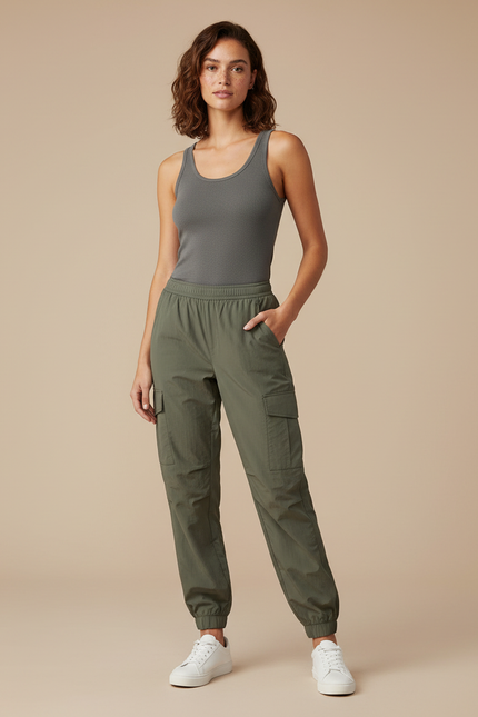 Pantalon Cargo Vert Kaki Léger Fluide Femme - Gabardine