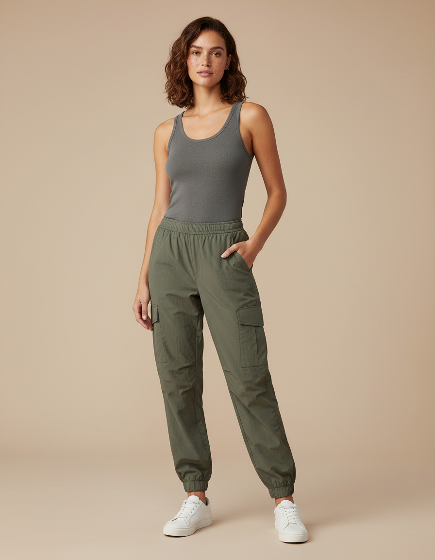 Pantalon Cargo Vert Kaki Léger Fluide Femme - Gabardine