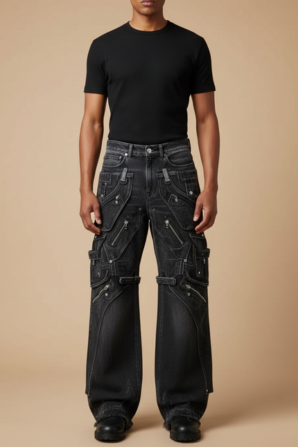 Pantalon Cargo Noir Délavé Multipoches Zippées Ample - Jean