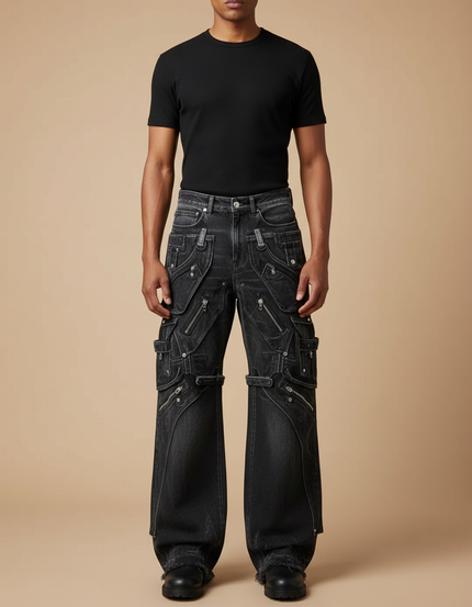 Pantalon Cargo Noir Délavé Multipoches Zippées Ample - Jean