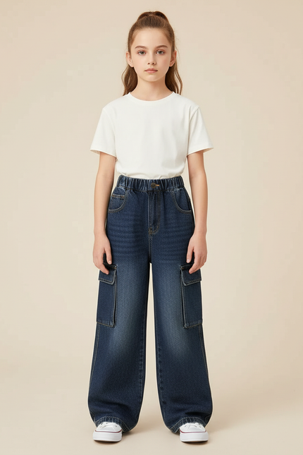 Pantalon Cargo Jean Large Délavé Enfant Fille - Bleu