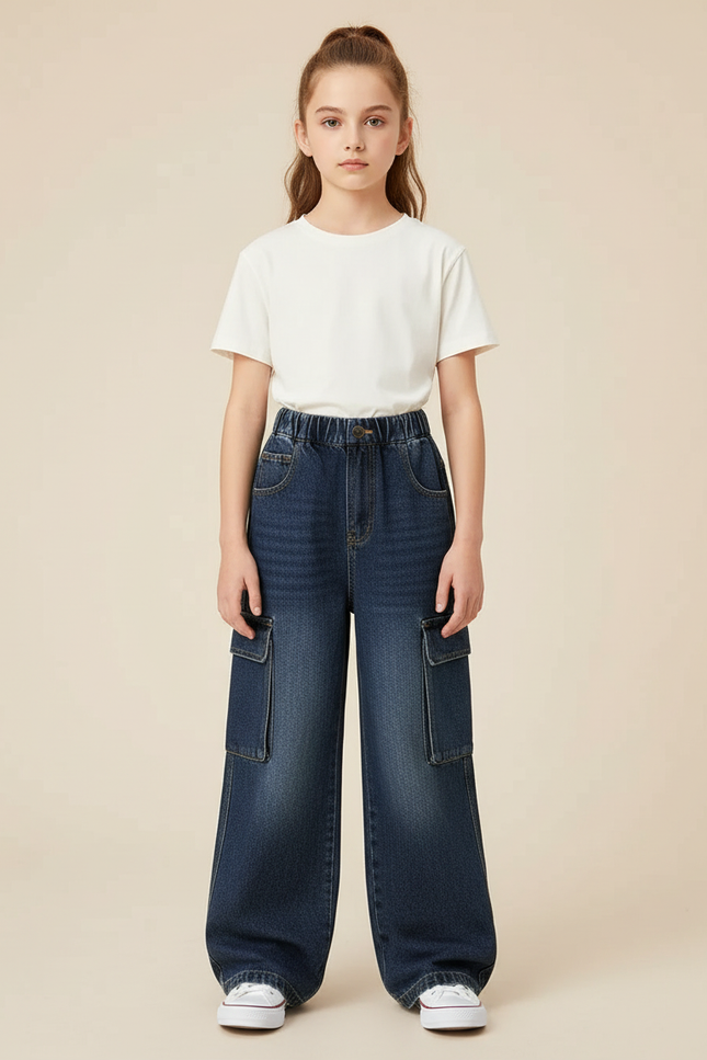 Pantalon Cargo Jean Large Délavé Enfant Fille - Bleu