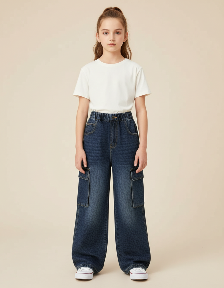 Pantalon Cargo Jean Large Délavé Enfant Fille - Bleu
