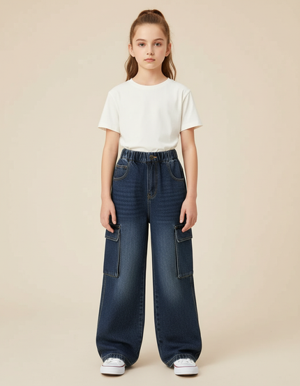 Pantalon Cargo Jean Large Délavé Enfant Fille - Bleu
