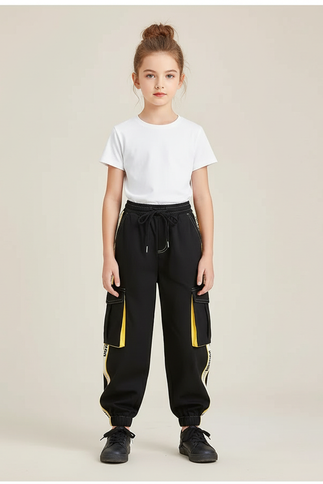 Pantalon Cargo Noir Jaune Ample Enfant Streetwear - Polyester