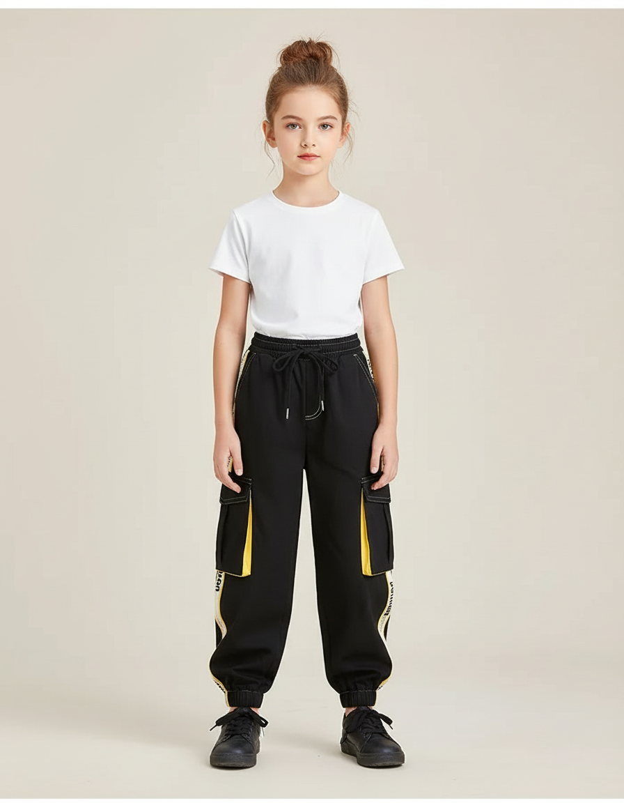 Pantalon Cargo Noir Jaune Ample Enfant Streetwear - Polyester