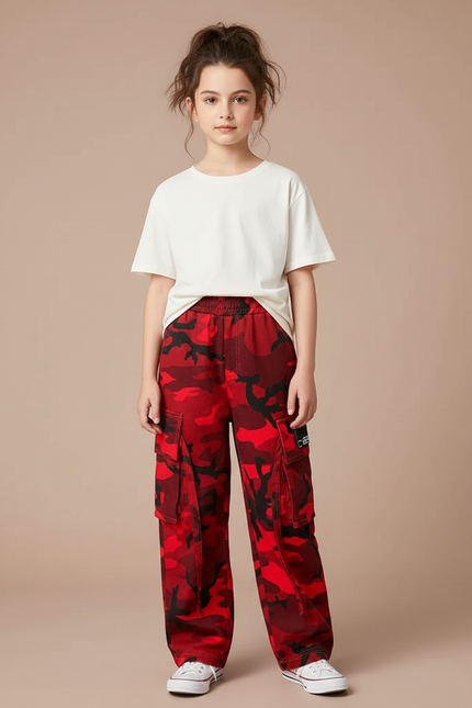 Pantalon Cargo Camouflage Rouge Multipoches Ample Fille - Toile