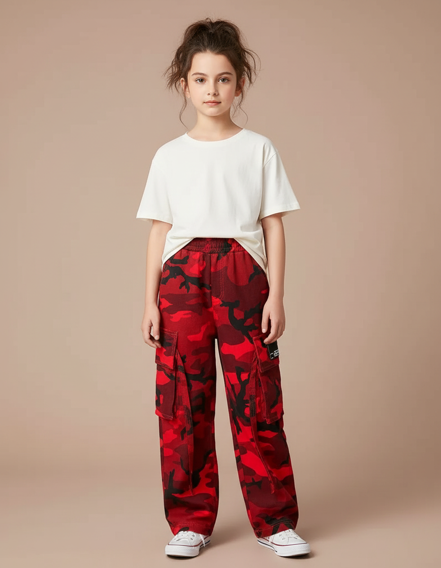 Pantalon Cargo Camouflage Rouge Multipoches Ample Fille - Toile