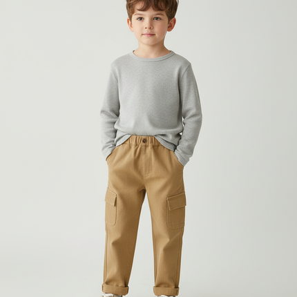 Pantalon Cargo Marron Ample Coton Multipoches Enfant - Camel