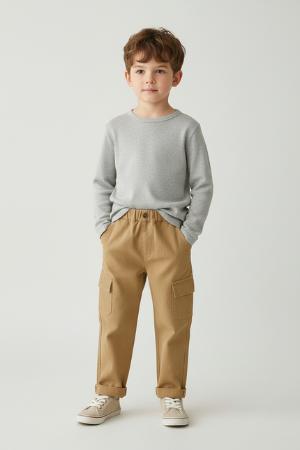Pantalon Cargo Marron Ample Coton Multipoches Enfant - Camel
