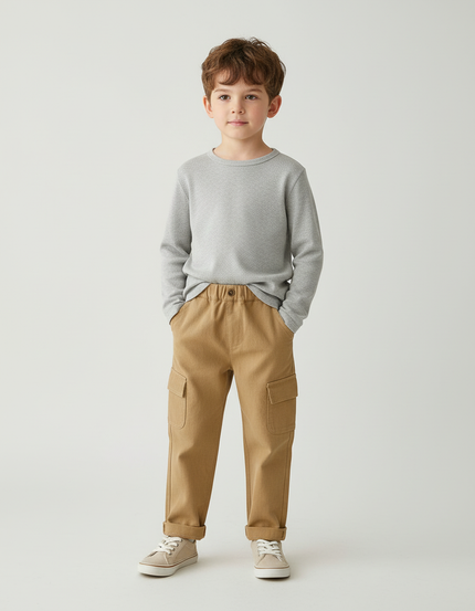 Pantalon Cargo Marron Ample Coton Multipoches Enfant - Camel