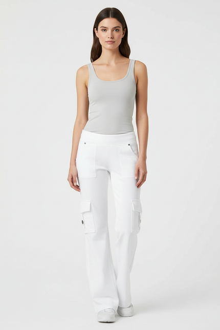 Pantalon Cargo Blanc Coupe Droite Décontracté Poches - Toile