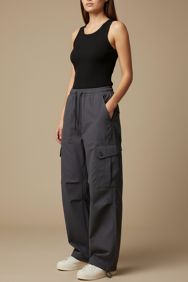Pantalon Cargo Gris Ample Décontracté Urbain Léger - Polyester
