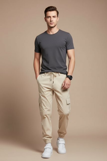 Pantalon Cargo Beige Homme Coton Slim Multipoches