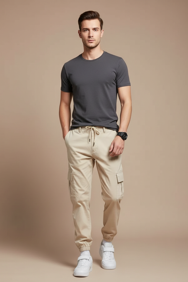 Pantalon Cargo Beige Homme Coton Slim Multipoches