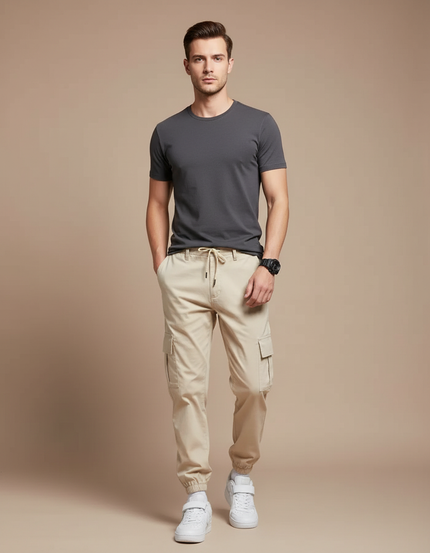 Pantalon Cargo Beige Homme Coton Slim Multipoches