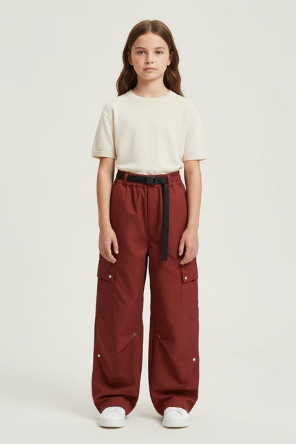 Pantalon Cargo Rouge Brique Ample Ceinturé Multipoches - Bordeaux Gabardine