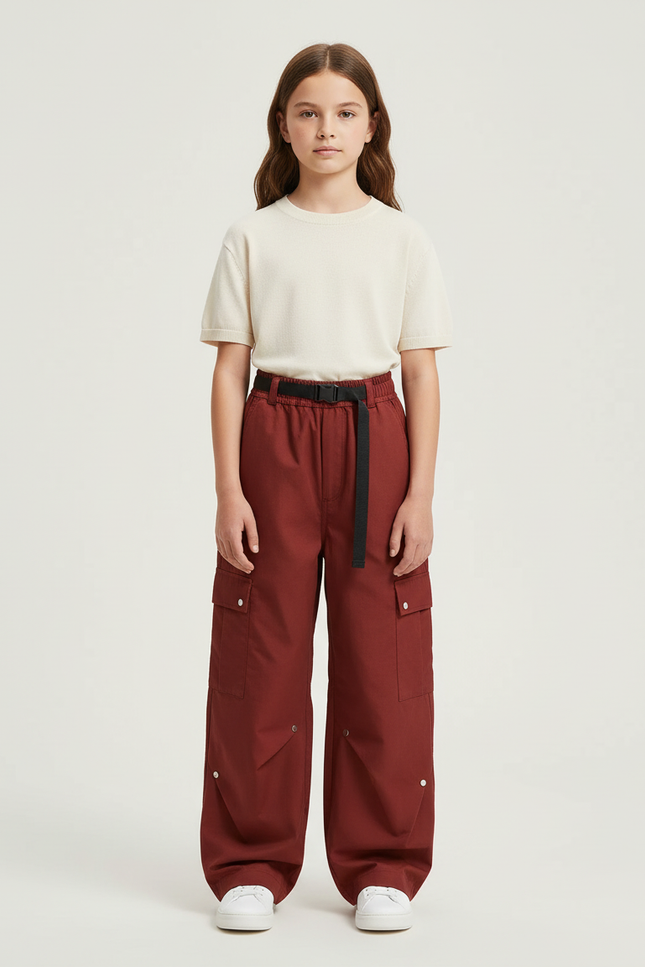 Pantalon Cargo Rouge Brique Ample Ceinturé Multipoches - Bordeaux Gabardine