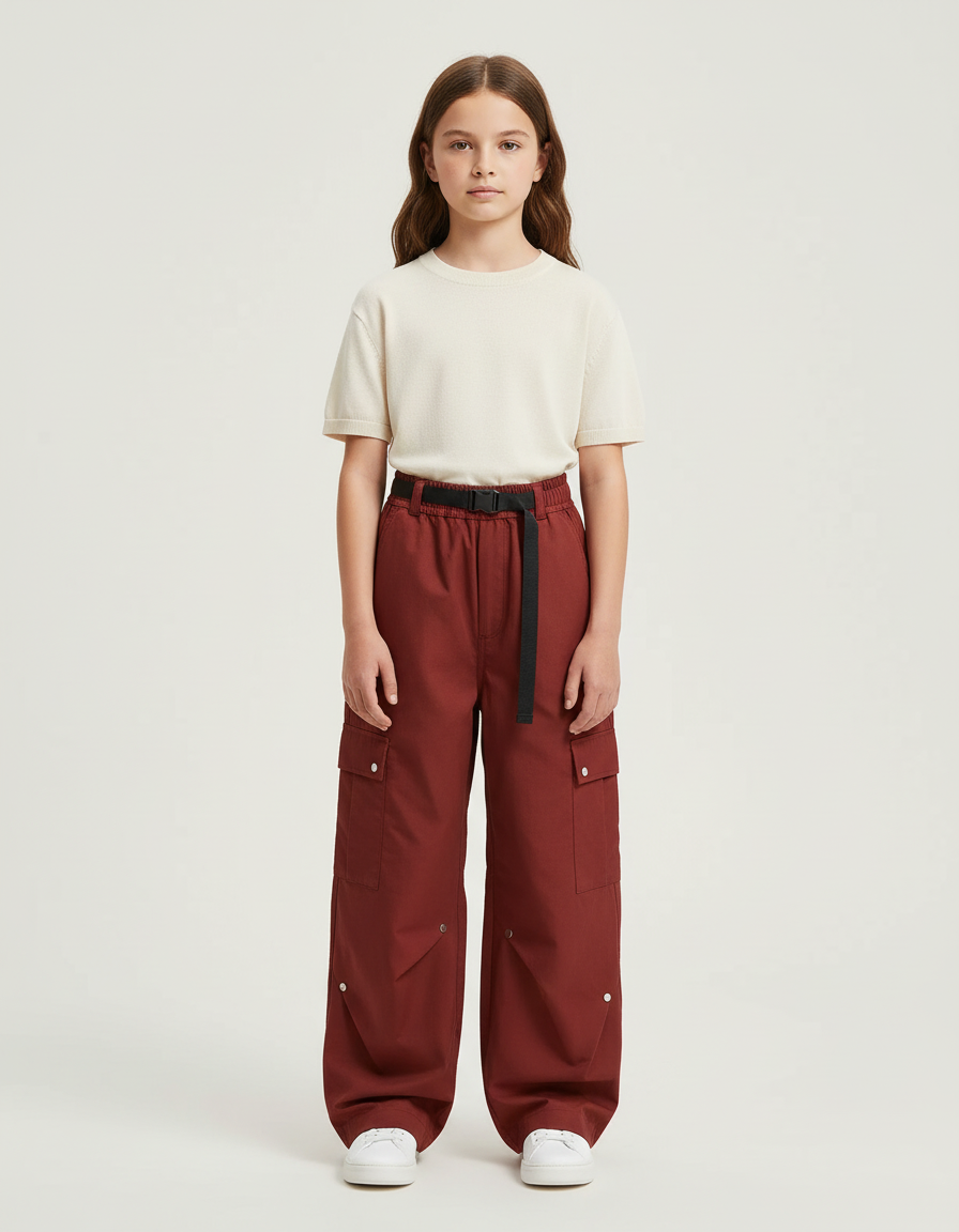 Pantalon Cargo Rouge Brique Ample Ceinturé Multipoches - Bordeaux Gabardine