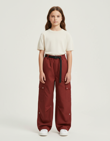 Pantalon Cargo Rouge Brique Ample Ceinturé Multipoches - Bordeaux Gabardine
