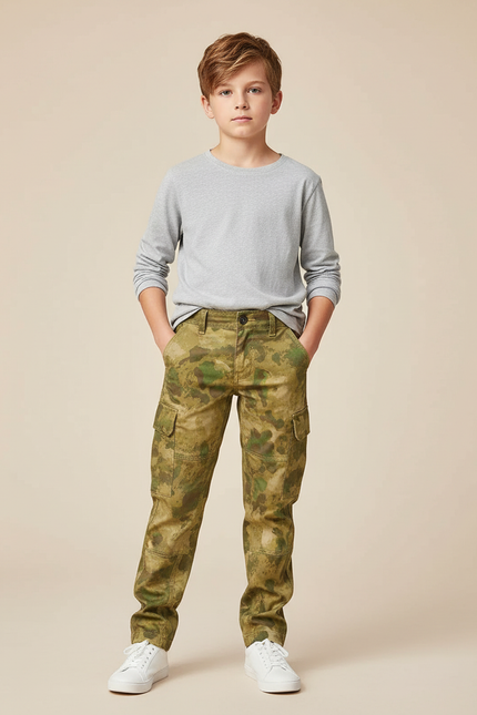 Pantalon Cargo Camouflage Vert Enfant Décontracté Multi-poches - Toile