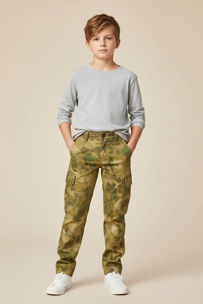 Pantalon Cargo Camouflage Vert Enfant Décontracté Multi-poches - Toile