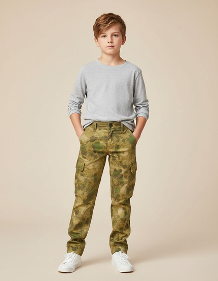 Pantalon Cargo Camouflage Vert Enfant Décontracté Multi-poches - Toile